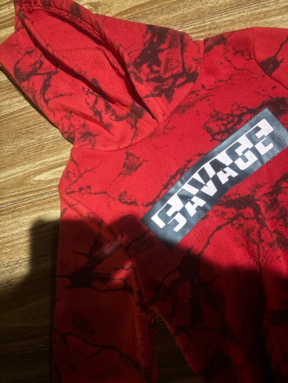 Kids Red 'Savage' Hooded Pullover Sweatshirt with Black Marble Accent